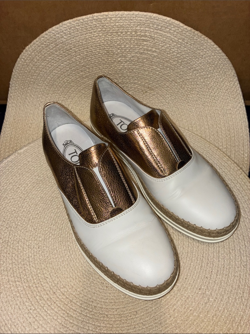 Tod's Bronze Metallic and White Espadrille Slip-On Loafers